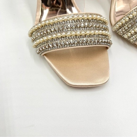 Badgley Mischka Size 5 Kari Soft Nude‎ Satin Jeweled Block Open Toe Heels Shoes - Picture 4 of 13